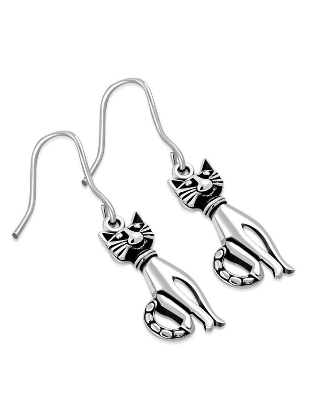 Earrings --Kitty Cat Sterling Silver Dangle Drop Hook